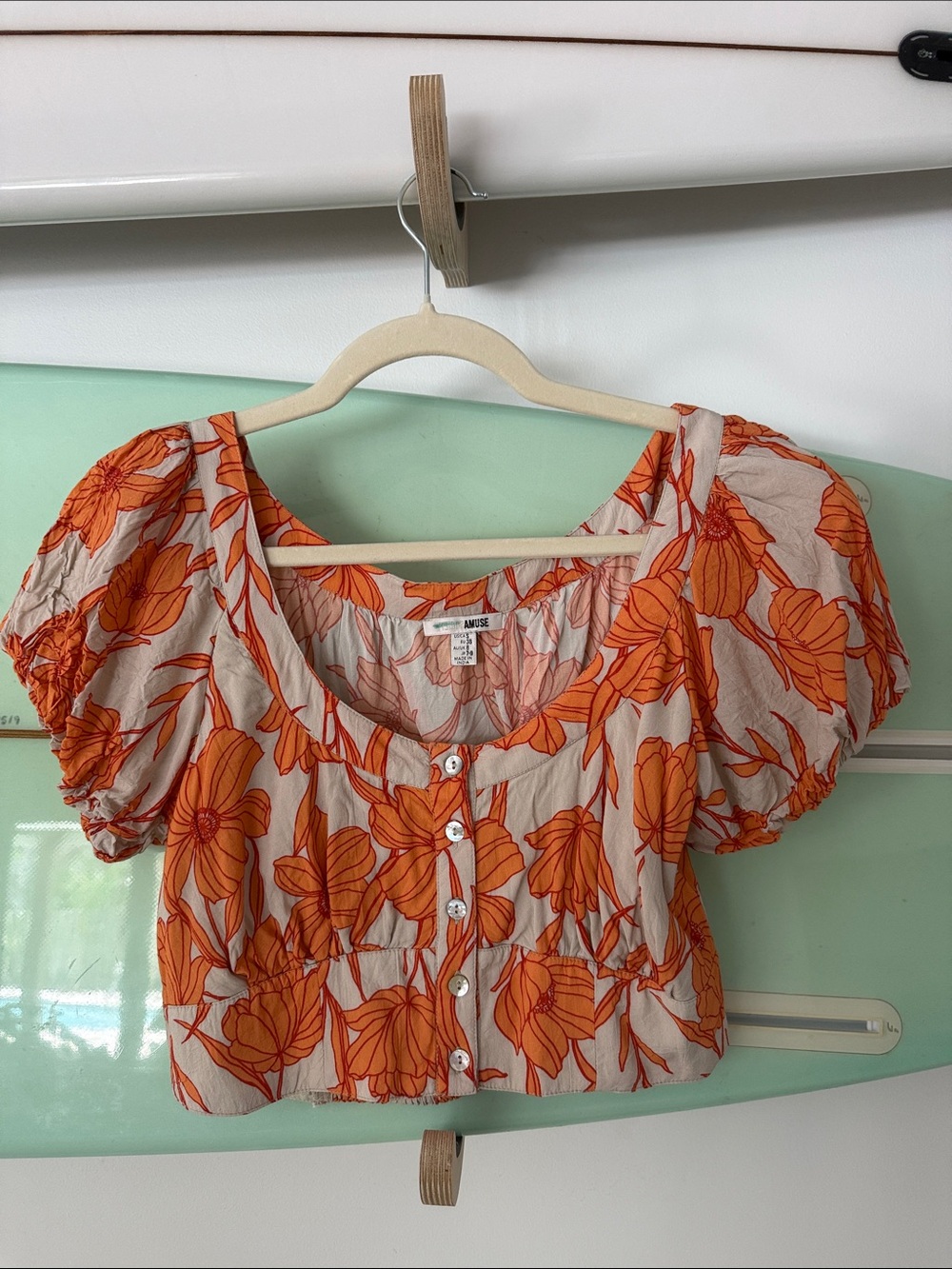 Amuse Society Cream and Orange Floral Puff-Sleeve Crop Top